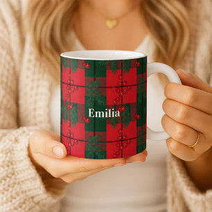 Café Caneca de Natal Xadrez Personalizada com Folhas de