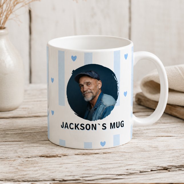 Café Caneca de Nome com Listras Azuis Personalizadas e  (Custom Photo Name Mug Blue Stripes Heart)