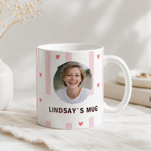Café Caneca de Nome com Listras Rosa Coração Personaliz