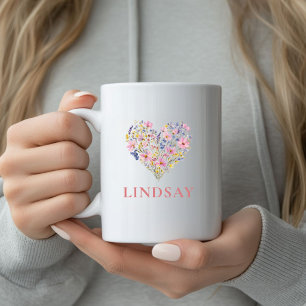 Café Caneca de Nome Coração de Flor Silvestre Personali