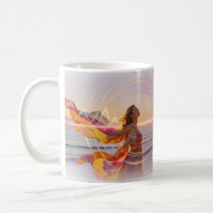 Café Caneca de Onda Sonora de Praia Feminina ao Pôr do