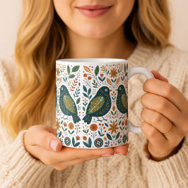 Café Caneca de Pássaros e Padrão Floral de Arte Folclór