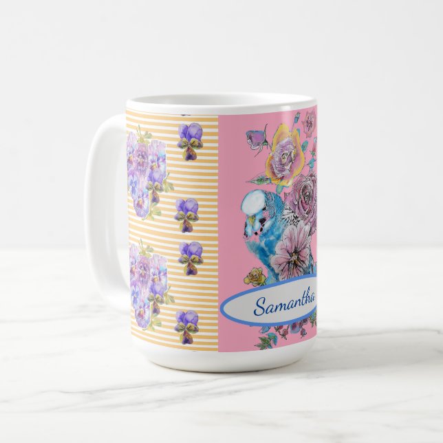 Café Caneca de pássaros florais Budgie rosa azul pintad (Frente Esquerda)