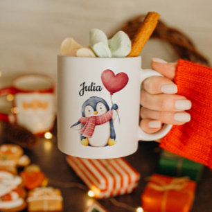 Café Caneca de Pinguim Personalizada Com Balão de Coraç