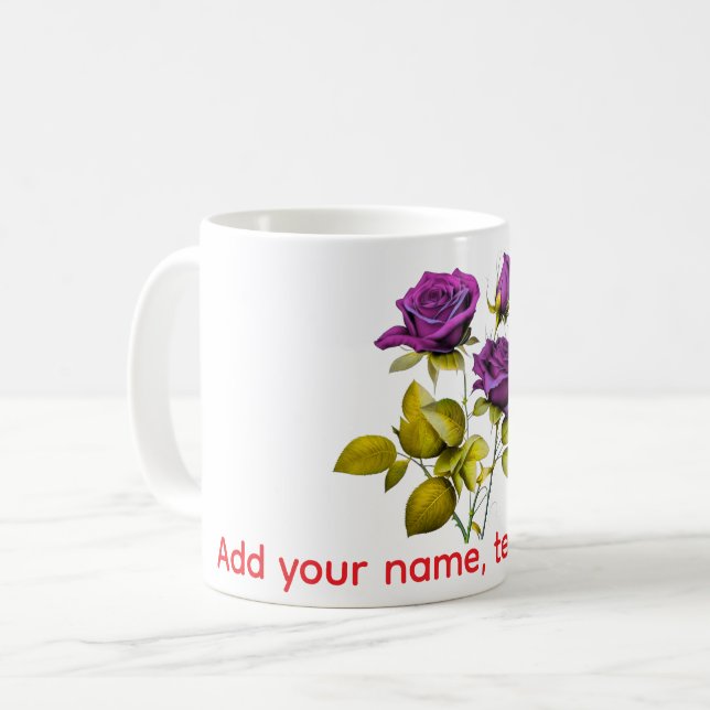 Café Caneca de Rosa Roxa Personalizada | Adicione seu N (Frente Esquerda)