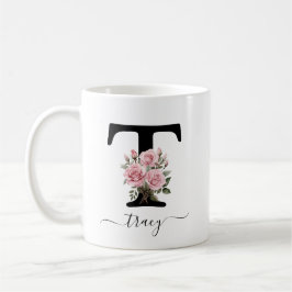 Café Caneca de Rosas Cor-de-Rosa Floral Monograma Inici