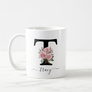 Café Caneca de Rosas Cor-de-Rosa Floral Monograma Inici