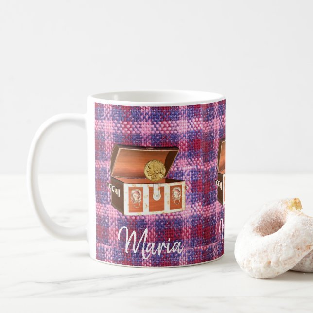 Café Caneca de Xadrez Rosa de Mala (Com Donut)