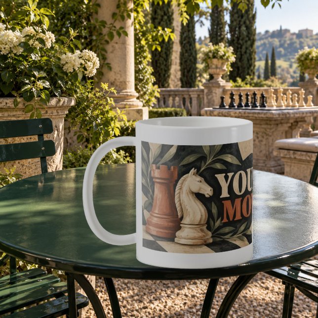 Café Caneca de Xadrez Slab Serif Your Move (Your Move Slab Serif Chess Mug — refined lighting and contact shadows. Digital lifestyle preview.)