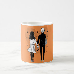 Café Caneca do Casal de Mangá Romântico de mãos dadas