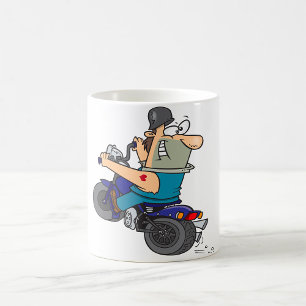 Café Caneca do Homem de Desenho Animado em uma Motocicl