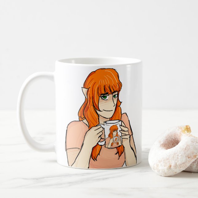 Café Caneca do pisco de peito vermelho em uma caneca em (Com Donut)