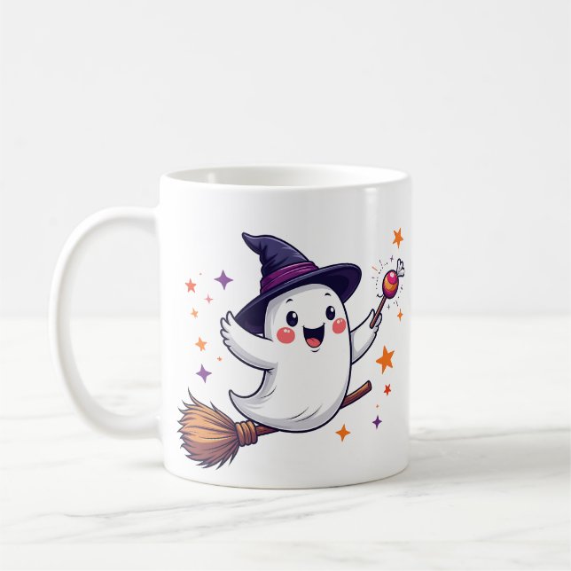 Café Caneca fantasma fofo de Halloween em vassoura (Esquerda)