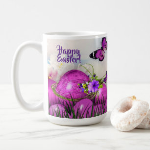Café Caneca Feliz Páscoa Roxa Ovos de Páscoa & Borbolet