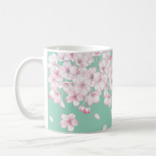 Café Caneca Flor de Cerejeira Sakura com Fundo Verde