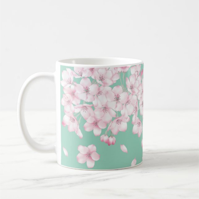 Café Caneca Flor de Cerejeira Sakura com Fundo Verde (Esquerda)