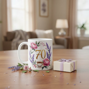 Café Caneca Floral de Aniversário de 70 Anos Personaliz