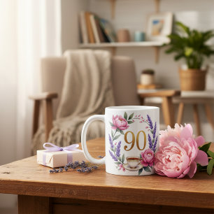 Café Caneca Floral de Aniversário de 90 Anos Personaliz