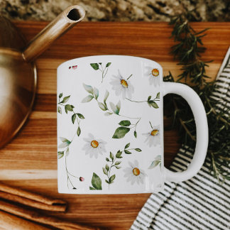 Café Caneca Floral de Aquarela Margaridas Macias Branca