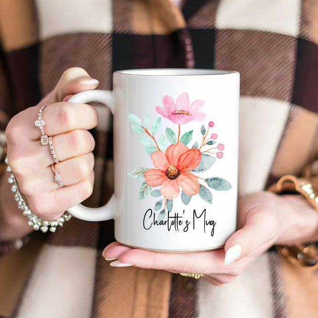 Café Caneca Floral de Aquarela Personalizada, Presente  (personalized mug, Mother’s Day mug, gift for mom, gift for grandma, gift for daughter, floral mug)