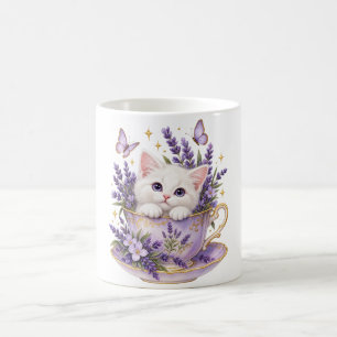 Café Caneca Floral de Gato Branco Chá de Lavanda Gatinh