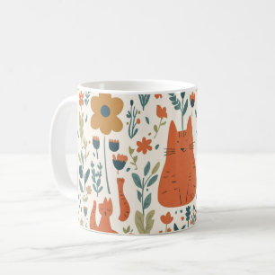 Café Caneca Floral de Gato Laranja Fofo   Arte Folclóri