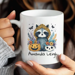 Café Caneca Floral de Halloween de Guaxinim Fofo de Out