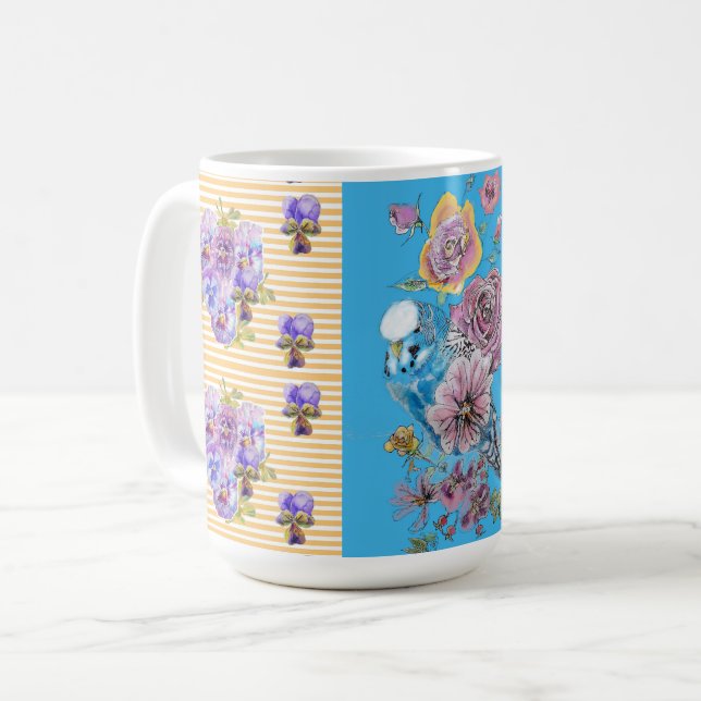Café Caneca floral de passarinho azul rosa pintado à mã (Frente Esquerda)