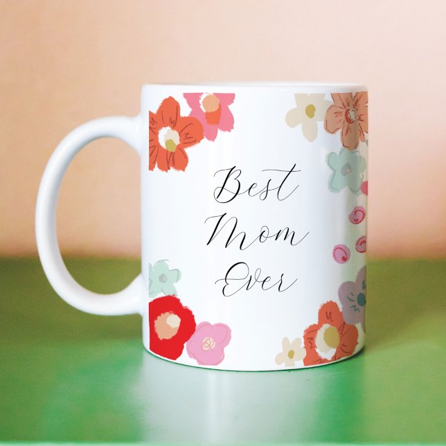 Café Caneca Floral Melhor Mãe de Todos os Tempos (Bright floral Best Mom Ever coffee mug.)