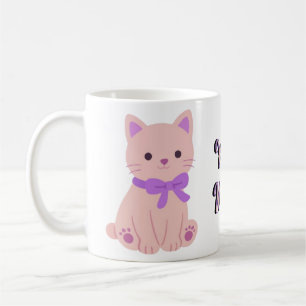 Café Caneca Fofa Kawaii de Gatinho Sentado Rosa com Laç
