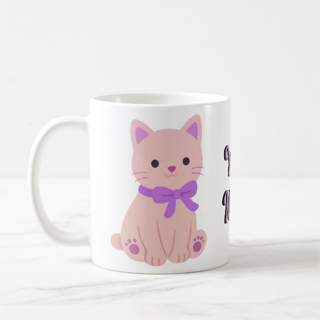 Café Caneca Fofa Kawaii de Gatinho Sentado Rosa com Laç (Esquerda)