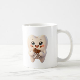Café Caneca Kawaii de Dente Comendo Chocolate.