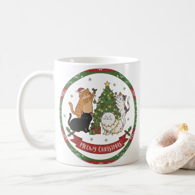 Café Caneca Meowy Natal Amantes de Gatos - Presente de  (Com Donut)