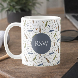 Café Caneca Monograma com Padrão de Golfe Azul Verde Aq