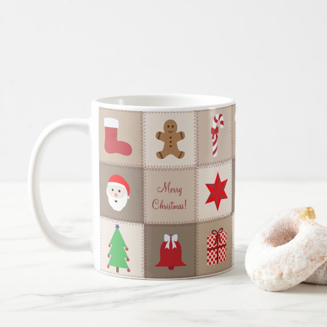 Café Caneca Padrão de Natal - Fundo Tons Bege (Com Donut)