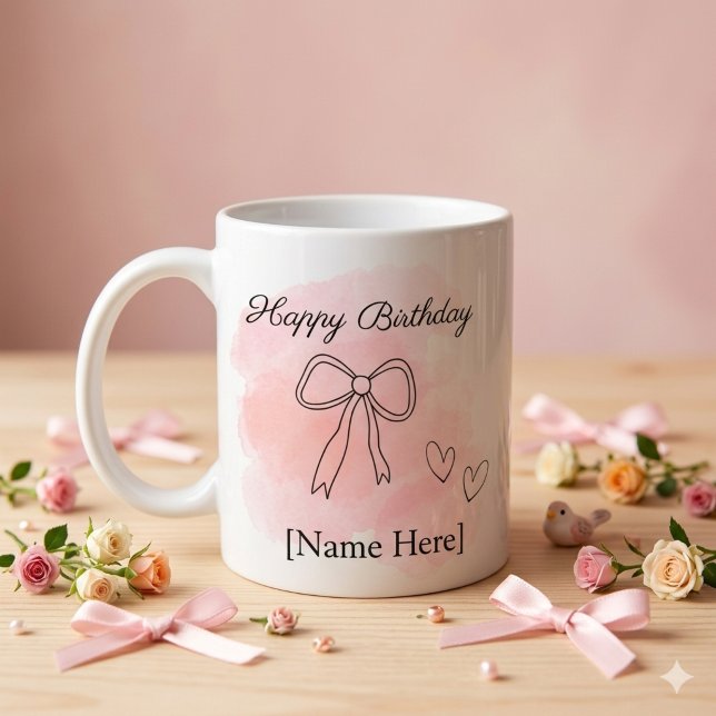 Café Caneca Personalizada de Aniversário Rosa Coquette  (Aesthetic birthday coquette mug with pink watercolor, line art bow, and customizable text)