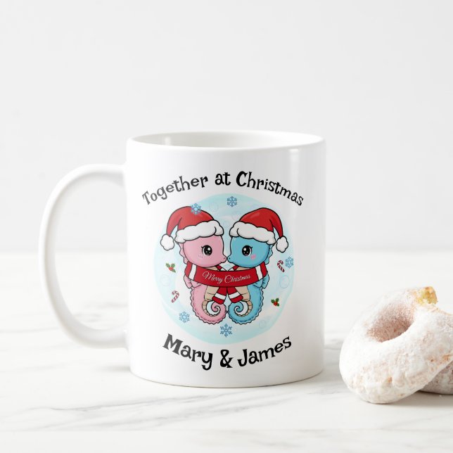 Café Caneca Personalizada de Natal com Casal de Cavalos (Com Donut)