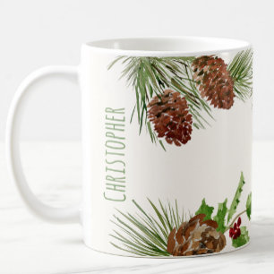 Café Caneca Personalizada de Natal com Folhagem e Azevi