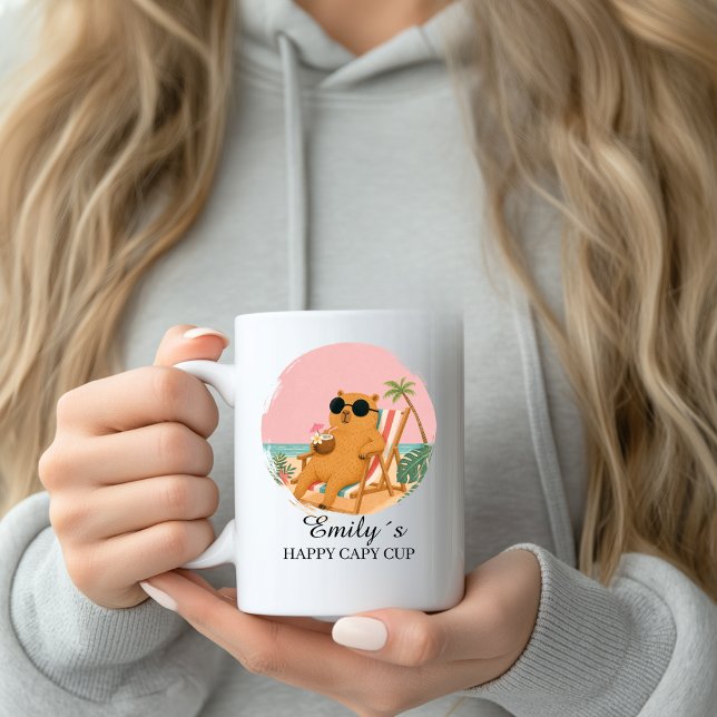Café Caneca Personalizada de Praia Capivara com Nome  (Custom Beach Capybara Cup Name Custom Mug with your Name & Text. )