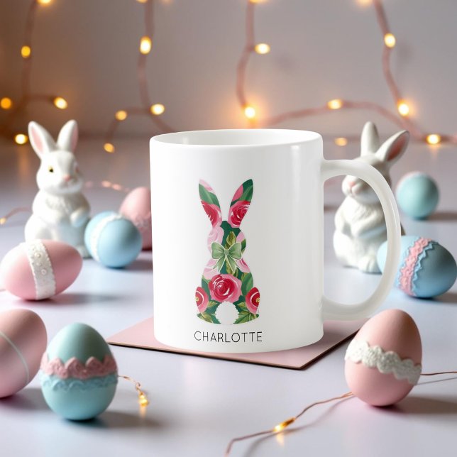 Café Caneca Personalizada do Coelho de Páscoa com Desen (Personalized Easter Bunny Mug with Floral Design)