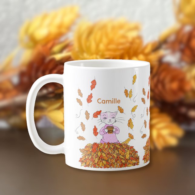 Café Caneca Personalizada Folhas de Outono e Gato Elega (Cute personalized mug for cat lovers . )