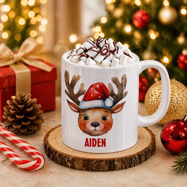 Café Caneca Personalizada Rosto de Rena para Crianças (Cozy Christmas mug for hot chocolate)
