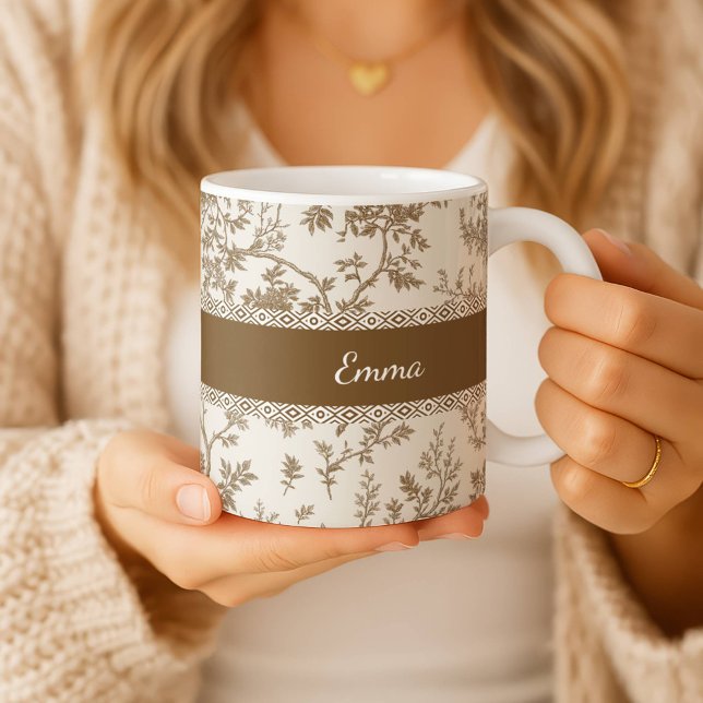 Café Caneca Personalizada Toile De Jouy Nome Data  (Criador carregado)
