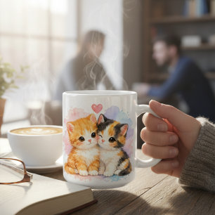 Café Caneca Presente de Par de Gatinho Fofo em Aquarela