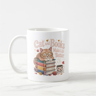 Café Capa de Caneca Gato Lendo Livros Design de Outono