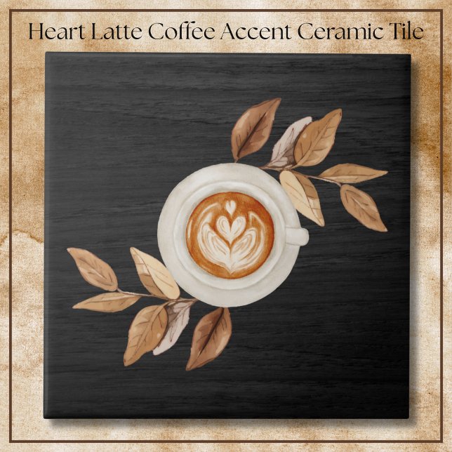 Café com Leite Coração Ilustrativo Preto Encantado (Charming Black Illustrative Heart Latte Coffee Accent Ceramic Tile)
