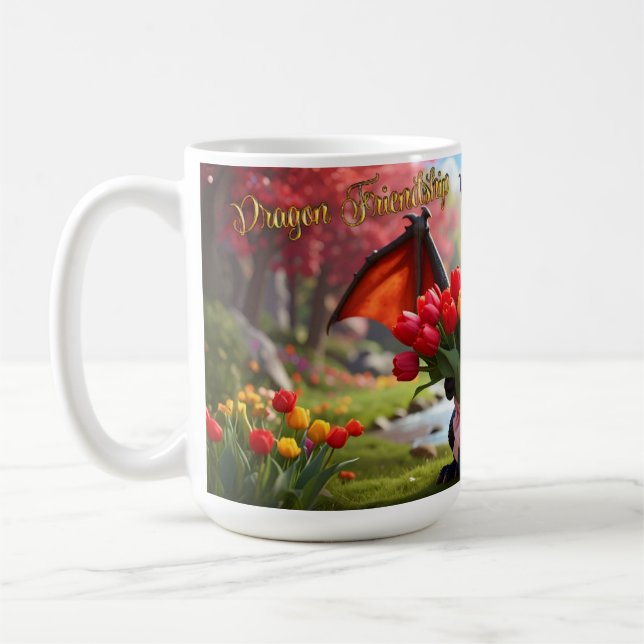 Café Dragão com tulipas vermelhas. Caneca de 425ml (Esquerda)