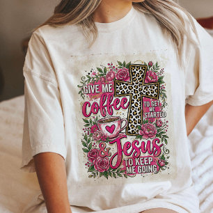 Café E Jesus Citação Cruz Floral Rosa Leopardo