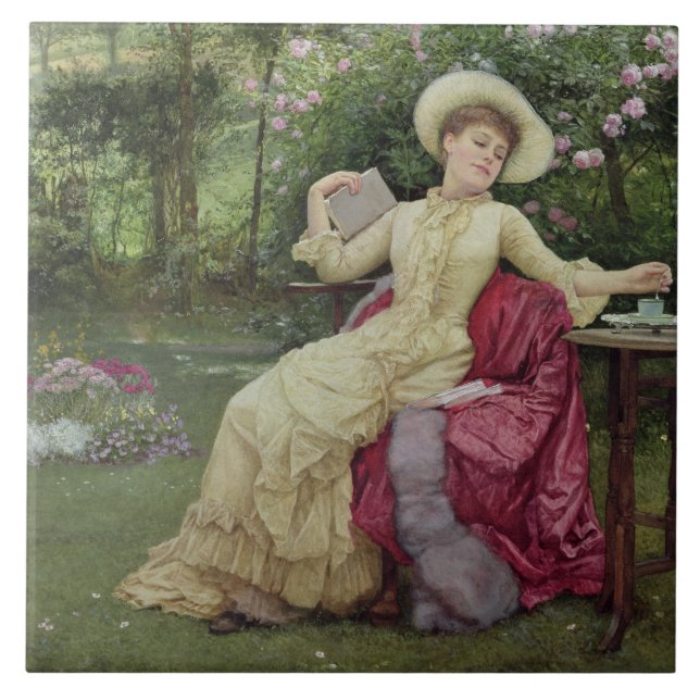 Café e leitura do bebendo no jardim (w/c sobre (Frente)