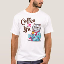 Café é Vida com Camisa de Gato Engraçado